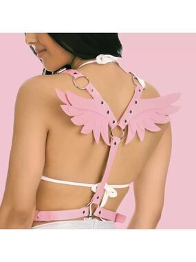 Pink Leather Harness Angel Wing Garter Belt Waistband Slave Fetish Bondage BDSM